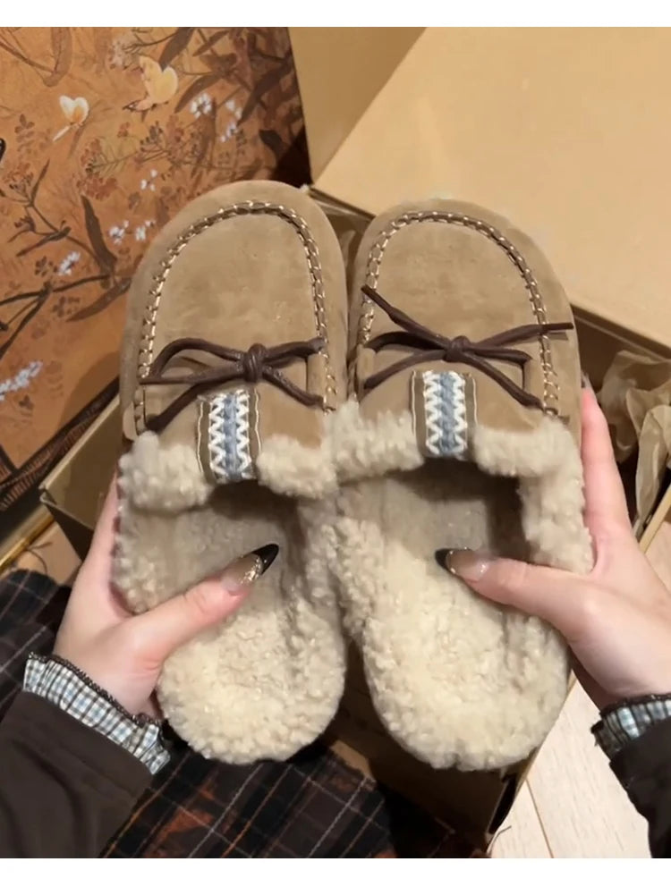 Sheepskin Fluffy Closed Toe Slippers Women Mules Shoes Warm Lace Up Indoor and Outdoor Cotton Shoes Female Winter Fashion