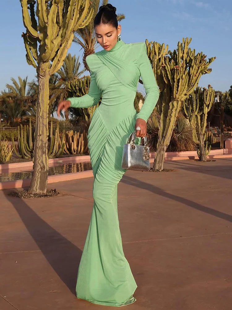 Elegant Ruched Backless Turtleneck Maxi Dress for Women