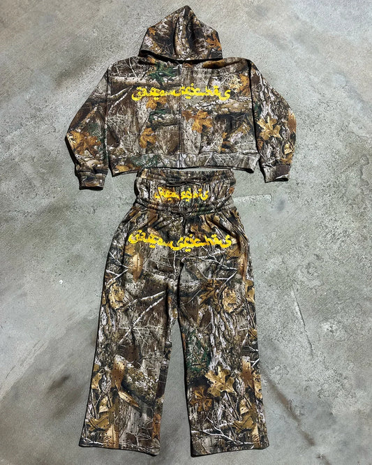 Men Women Casual Couple Sweatpant Suit Fashionable Street Y2K Hoodie Campus Retro Harajuku Camouflage Daily Zipper Hoodies 2 Pcs