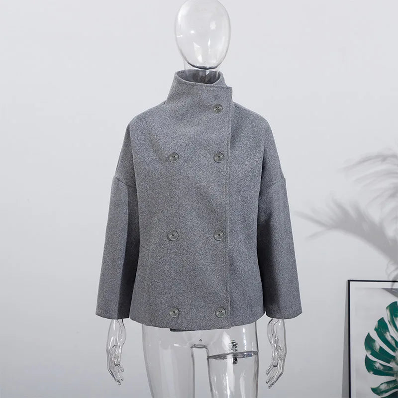 Solid Double Breasted Stand Collar Long Sleeve Overcoat for Women