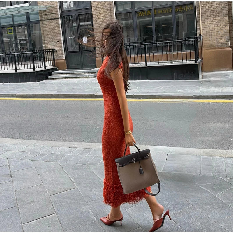 Sequin Knit Short Sleeve Tassel Midi Party Dress for Women