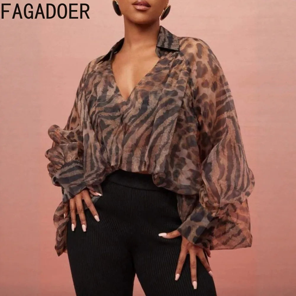 Leopard Print V Neck Batwing Sleeve Blouse for Women