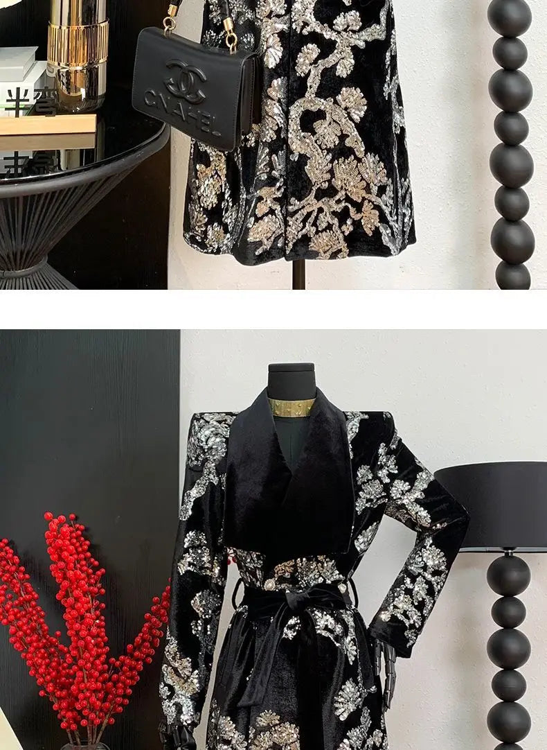 Adjustable Waist Windbreaker Coat Autumn/Winter New Sequins Trench Coat, Women's Coat, English Style Overcoat