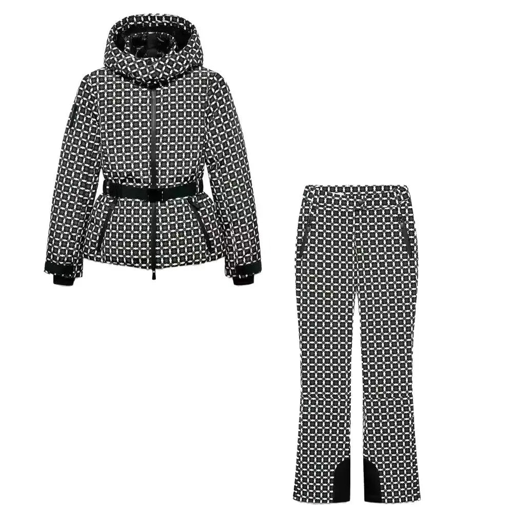 Hooded Windproof Padded Jacket And Pants Set With Belt for Women