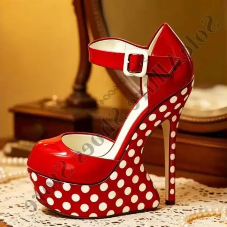 Glossy Polka Dot Buckle Strap Wedge Platform Sandals For Women