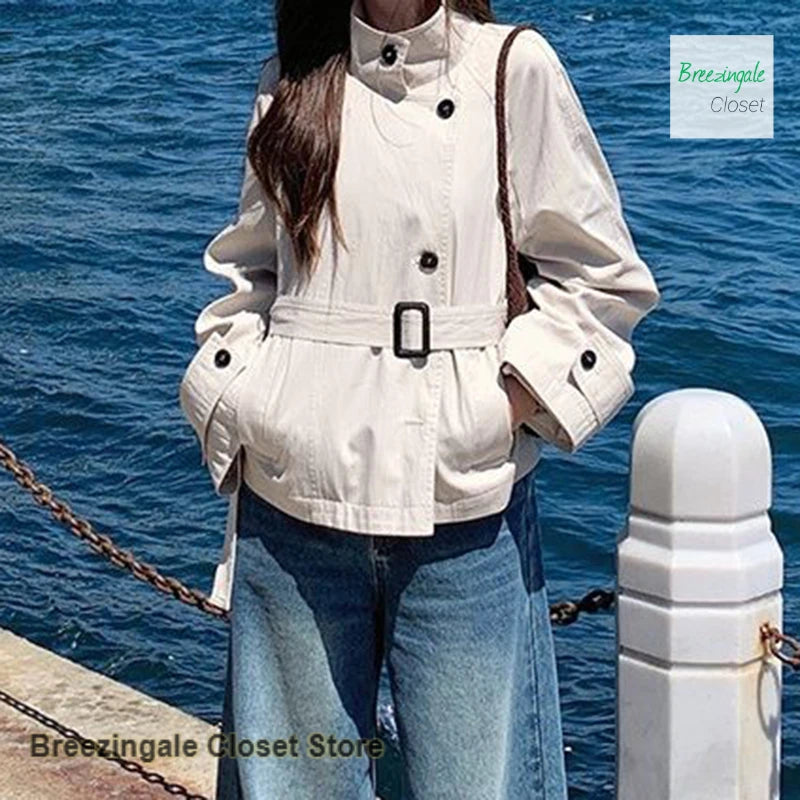 Solid Color Short Stand Collar Windbreaker Coat For Women