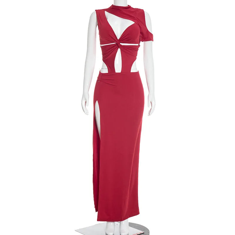 Twist Hollow Patchwork High Split Maxi Dress for Women