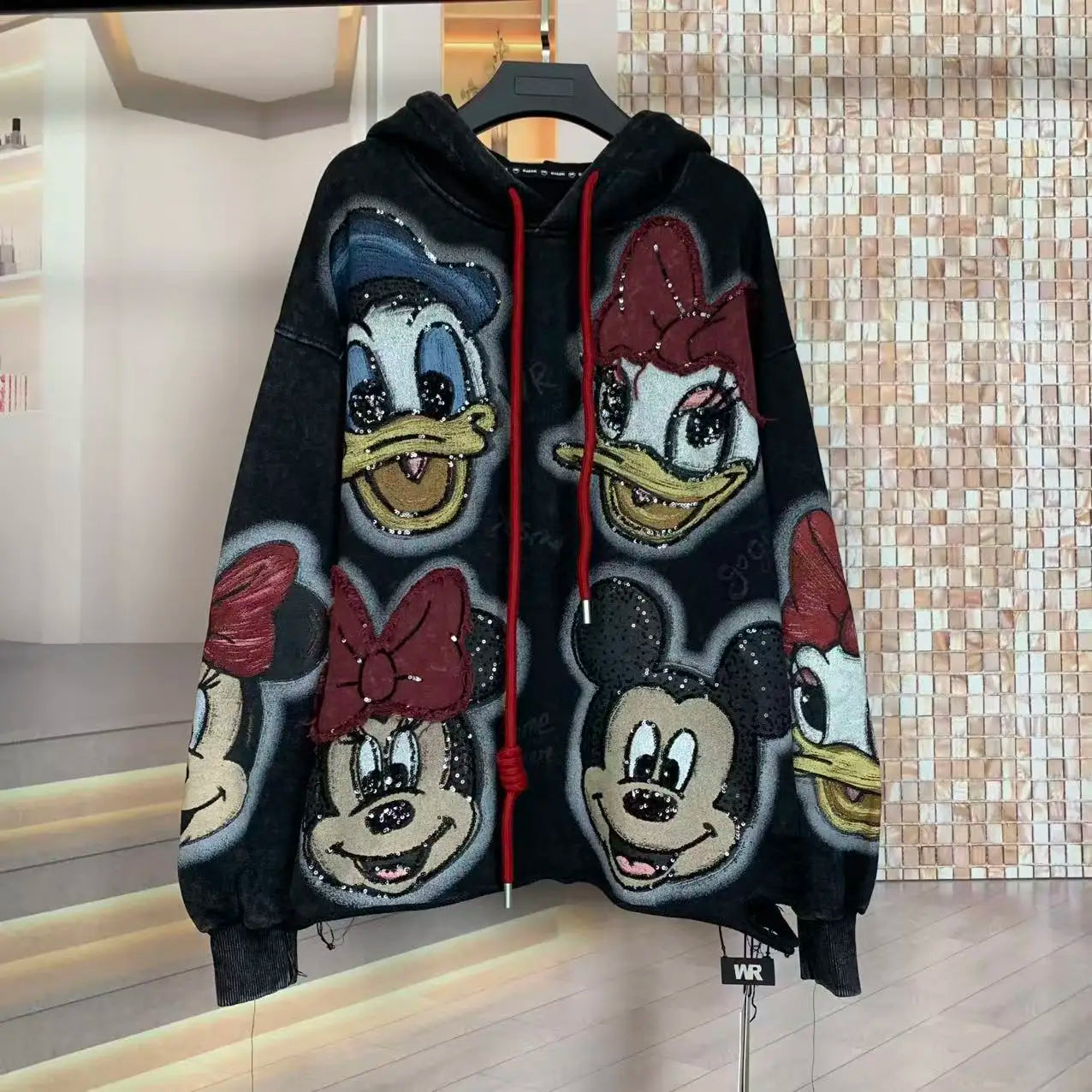 Fashion 2025 Autumn Heavy Industry Embroidery Cartoon Short Loose Hooded Sweatshirt For Women's Kawaii Clothes Lace-up Sudaderas