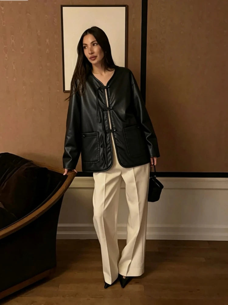 Autumn Winter Pu Leather Moto Jacket With Long Sleeve for Women