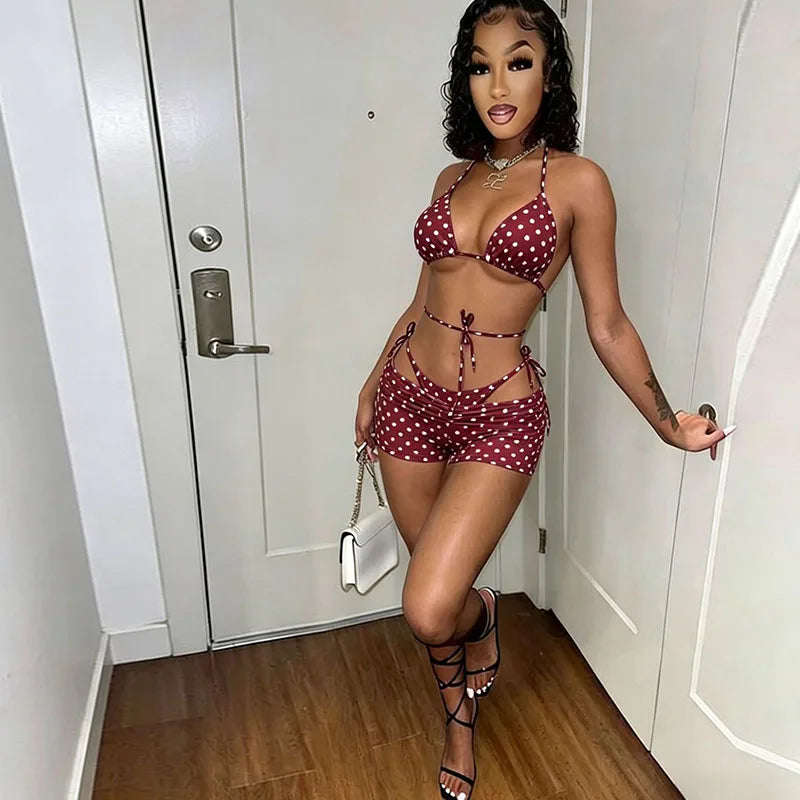 Polka Dot Lace Up Bikini Set with Briefs for Women