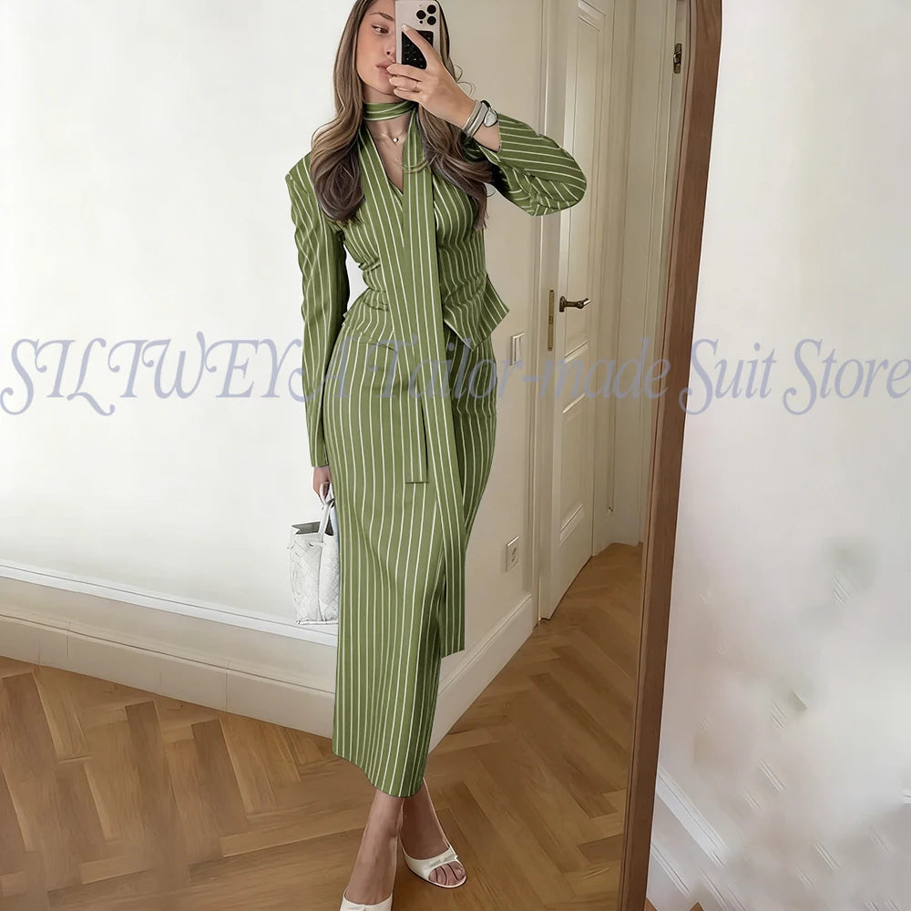 Single Breasted Blue Striped Blazer Skirt Set for Women