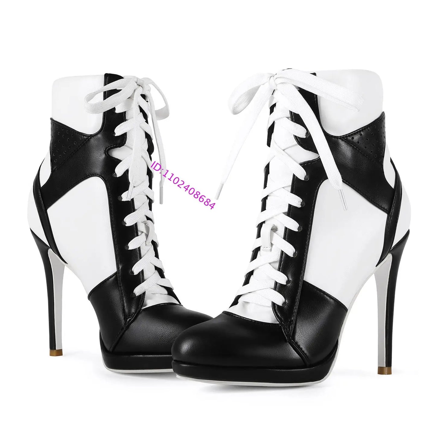 Plus Size Black White Lace-Up Stiletto Mid-Calf Boots For Women