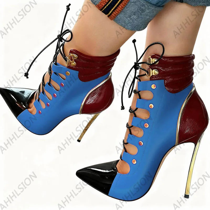 Pointed Toe Purple Leather Ankle Boots With Gold Accents For Women