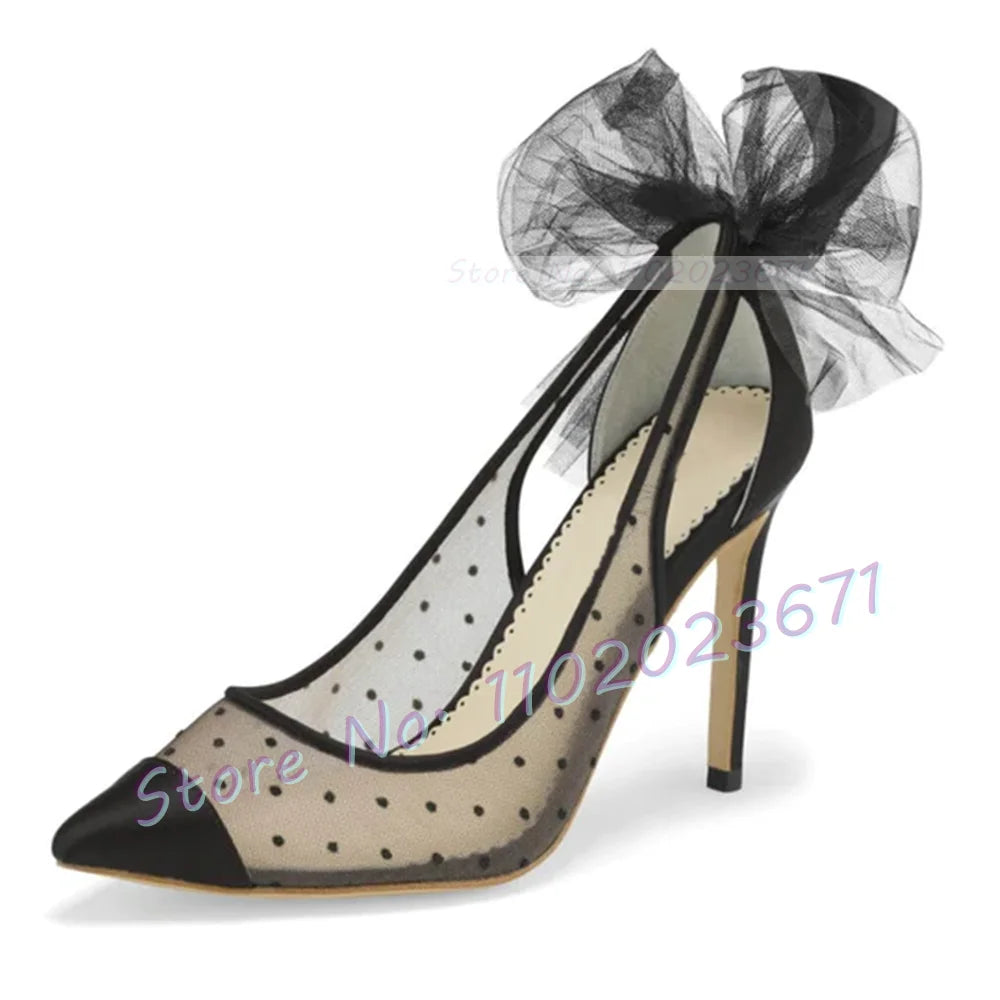 Black Tulle Bow Dots Pumps Women Summer Mesh High Heels Sexy Pointy Wedding Silk Shoes Ladies Party Solid Casual Slingback Pumps