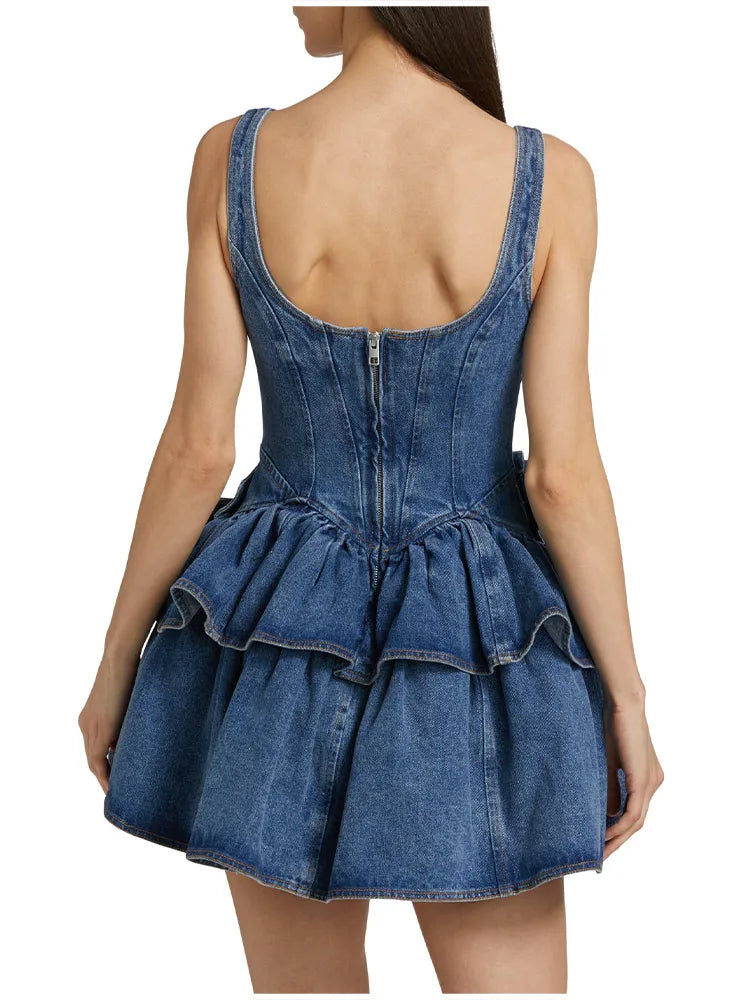 Chic Summer 3d Floral Denim Mini Dress Vintage A Line Halter High Street Sling Dress Vesidos Fashion New Lady Clothing Dress