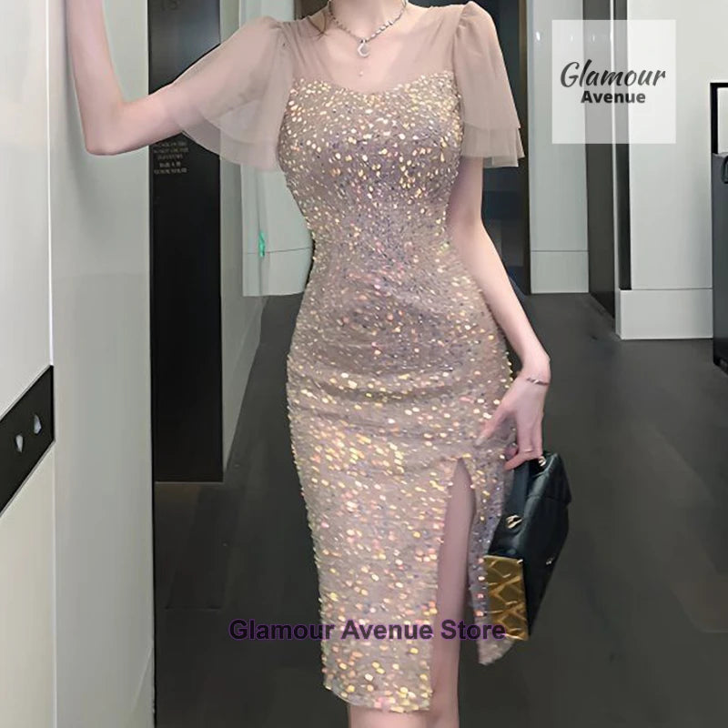 French style waist cinching sparkling pearl mesh sleeve dress for women in spring and summer fashion, slimming mid length skirt