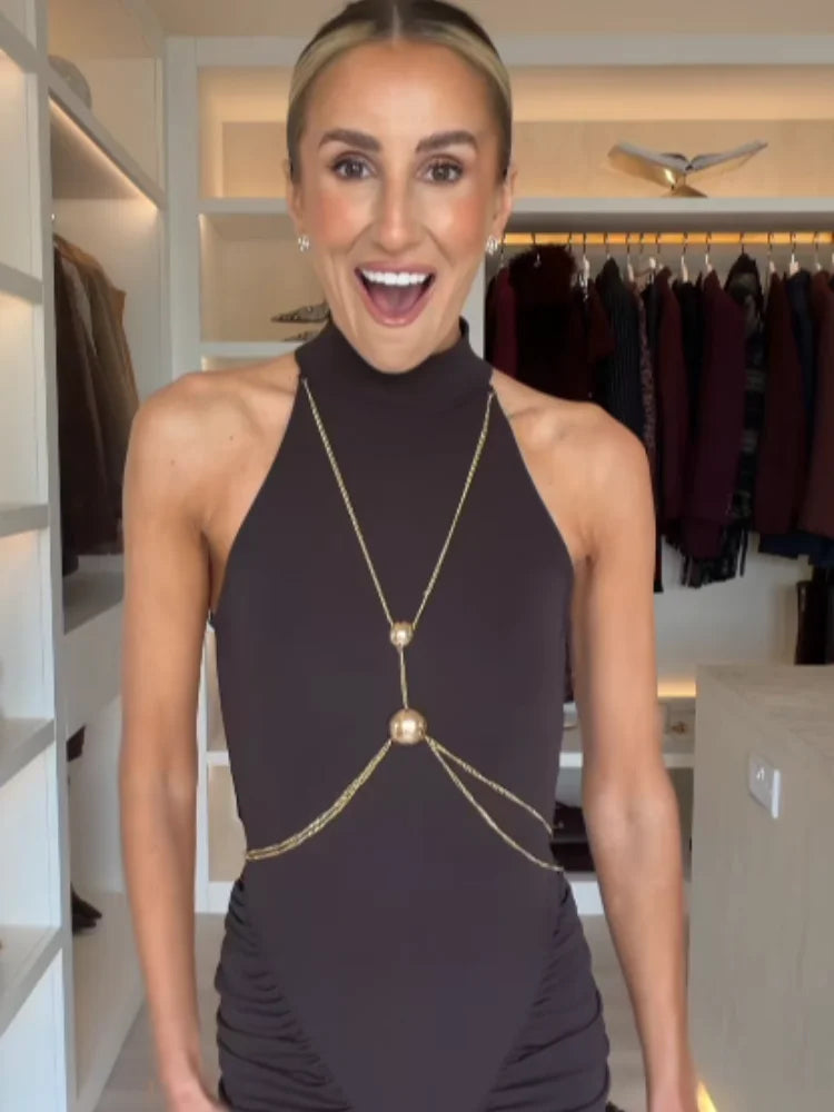 Elegant Metal Chain Pleated Dress Women Sleeveless Off Shoulder Patchwork Slim Long Dresses 2025 New Lady Evening Party Vestidos