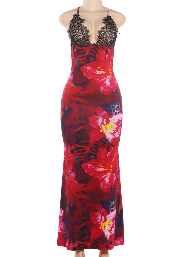 Cross Bandage Backless Sling Flower Print Lace Patchwork Dress for Women
