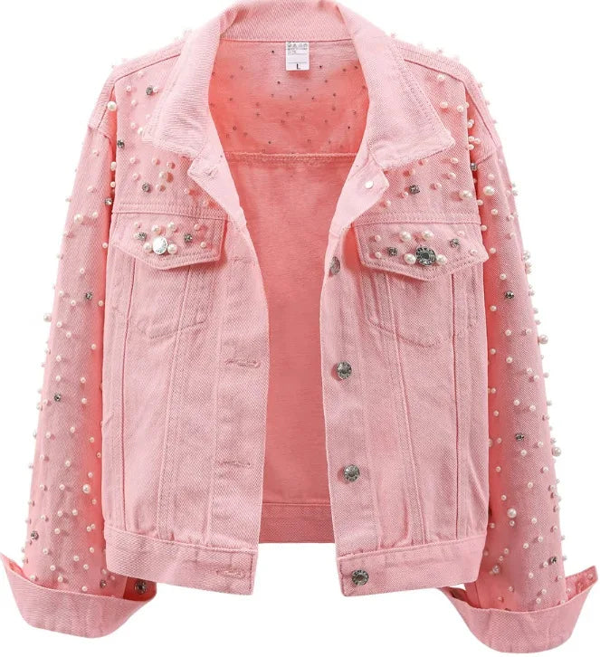 Pearl Beaded Lapel Long Sleeve Denim Jacket for Women