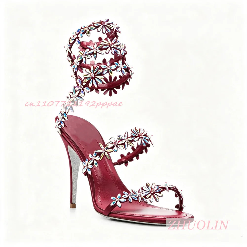 Rhinestone Floral Open Toe Stiletto Wedding Sandals for Women