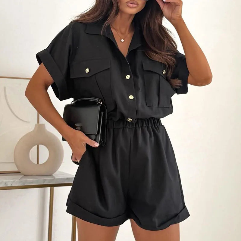 Vintage Solid Waist Button Front with Pockets Jumpsuit for Women