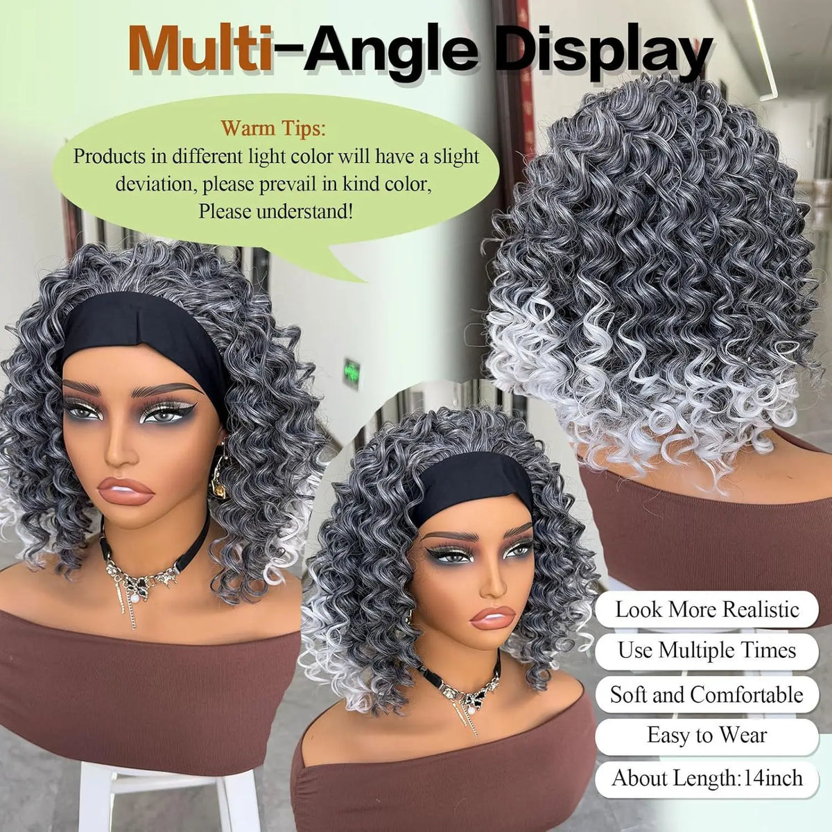Fluffy Short Wavy Headband Wig In Gray To White Ombre for Women