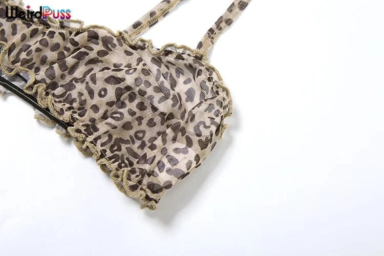 Weird Puss Leopard Print Women 2 Piece Set Sexy See Through Summer Ruffles Camisole+Shorts Vacation Matching Clubwear Outfits