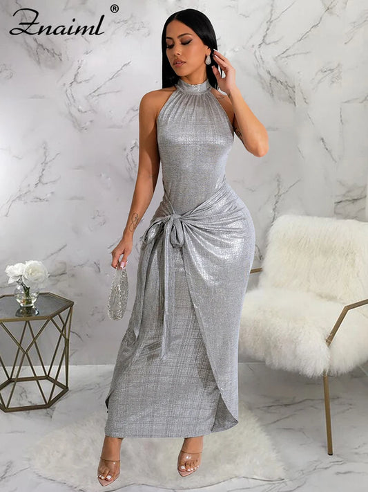 Znaiml Sexy Night Club Women Silver O-neck Sleeveless Bandage Belt Long Dress Elegant Birthday Party Evening Bodycon Vestidos