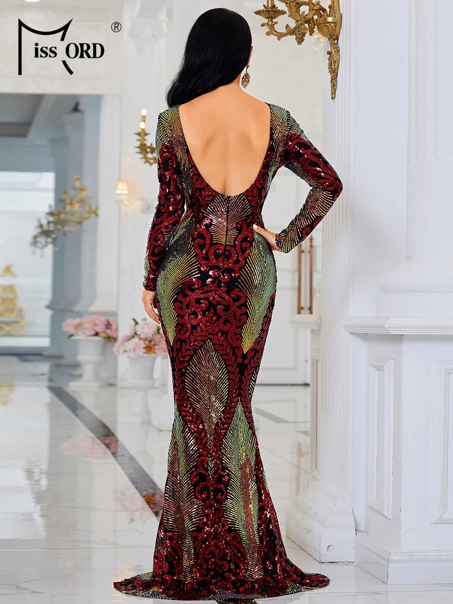Missord Elegant Red Evening Dresses Women O Neck Long Sleeves Sequin Backless Bodycon Maxi Mermaid Party Dress Ladies Prom Gown