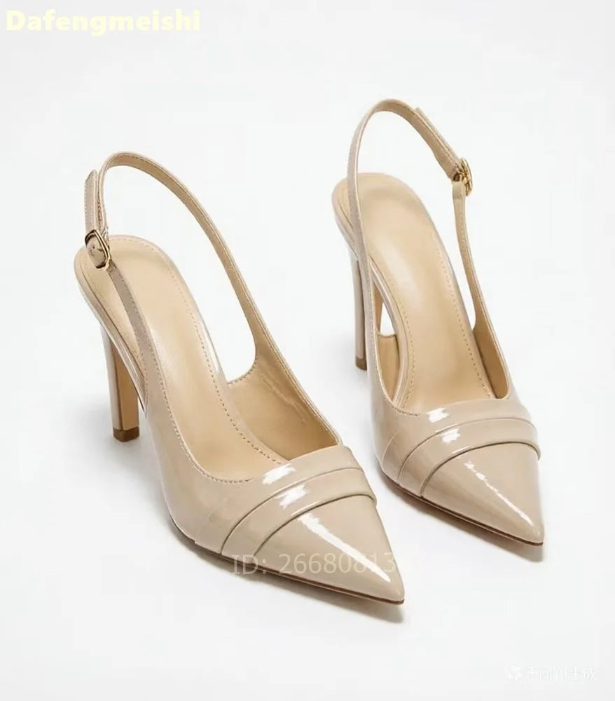 Nude Patent Leather Pleated Pointed Toe Slingback Pumps For Women