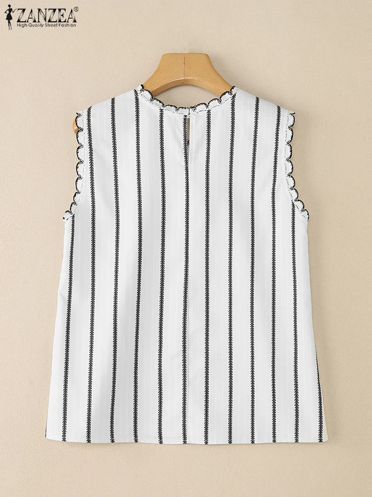 ZANZEA Women Fashion Striped Tanks Elegant Lace Trim Round Neck Sleeveless Tops 2025 Summer Lightweight Casual Tank Tops