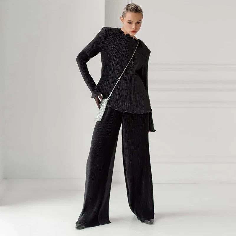 Elegant Velvet Top and Pleated Pants Set for Women