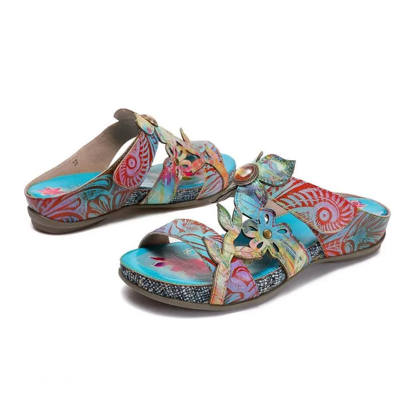 Hand Painted Genuine Leather Outdoor Summer Slides for Women