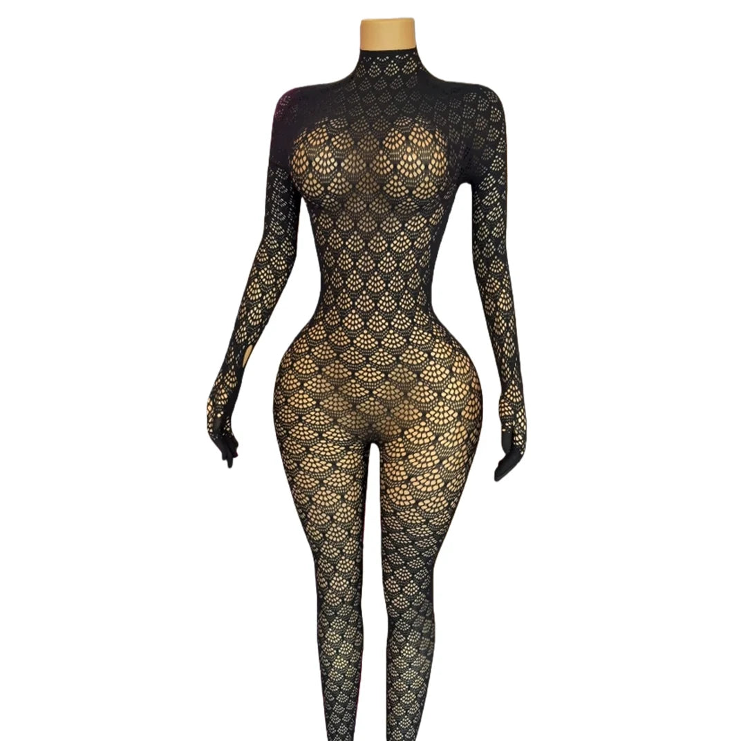See Through Lace Hollow Out Patchwork Bodycon Jumpsuit for Women