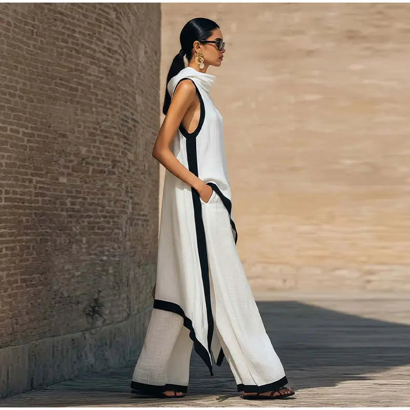 Casual Solid Blouse and Wide Leg Trousers for Women
