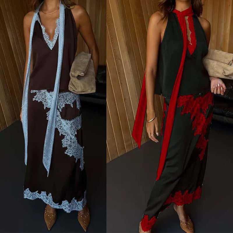 Lace Patch Satin Halter Two Piece Set
