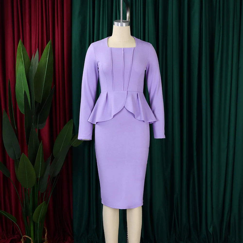 Elegant Bodycon Dresses for Women Square Neck Full Sleeve Ruffles Package Hips Mid Calf Formal Business Work Vestidos Mujer Robe