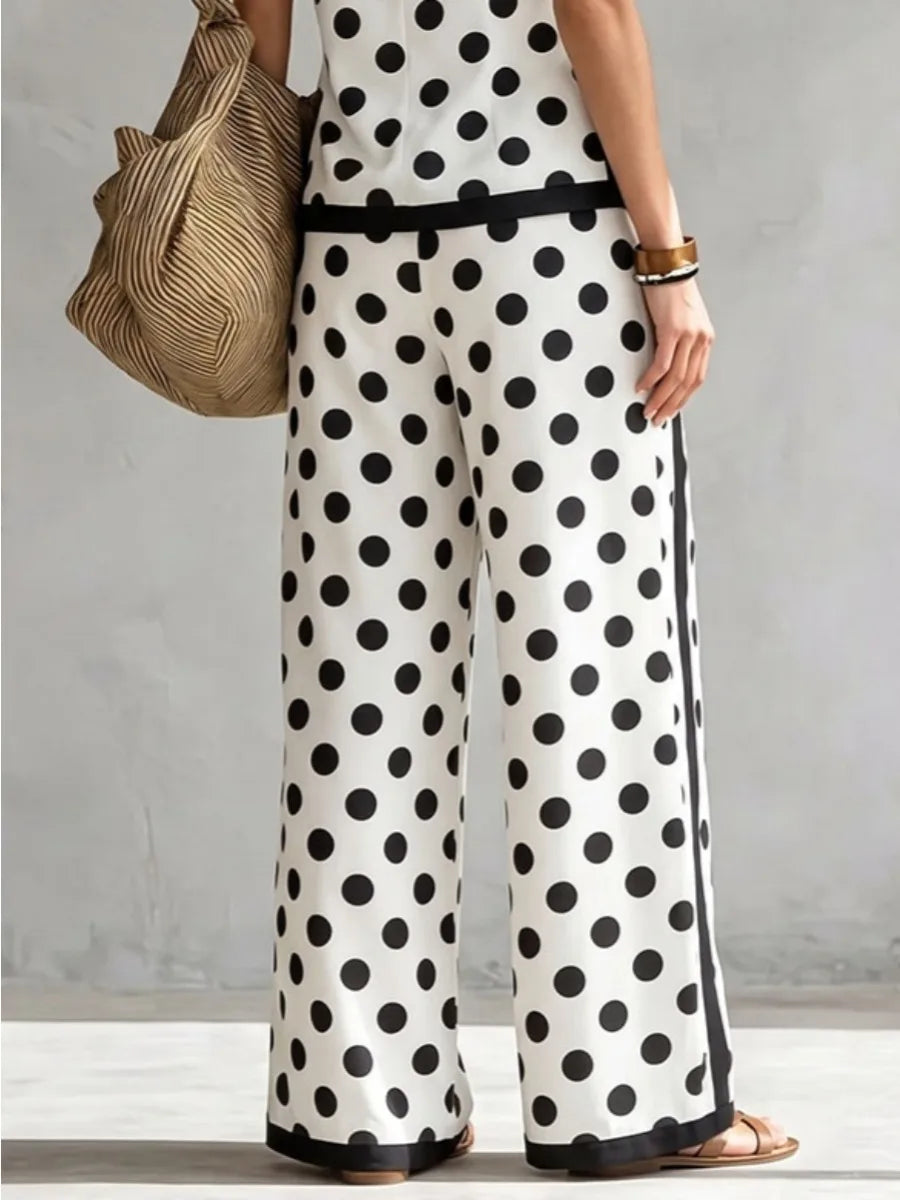 Bonboho Women Black White Polka Dot Wide Leg Pants Contrast Black Strip Side Loose Casual Trousers Stylish Matching Pants