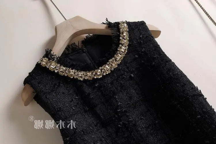 O-Neck Beaded Tweed A-Line Dress With Pockets for Women
