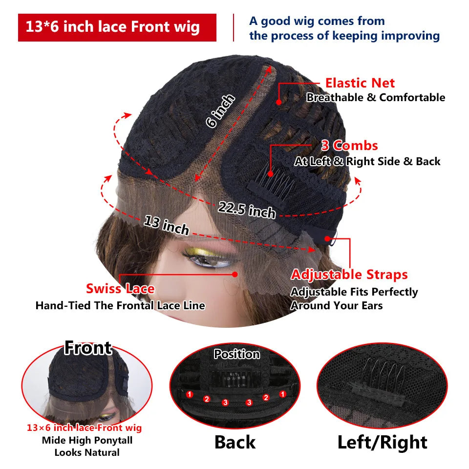 Long Wavy Lace Front Human Hair Bob Wig with C Part for Women