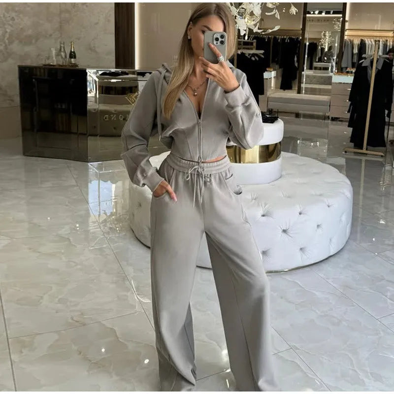 Zip Up Corset Hoodie And Wide Leg Sweatpants Two Piece Set For Women