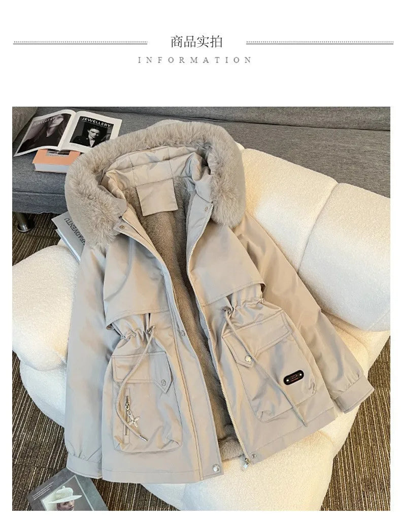 Korean Style Quilted Hooded Coat With Fur Collar For Women