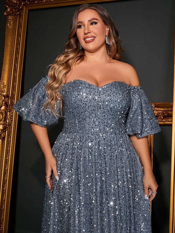 Plus Size Off-Shoulder Gray Silver Short-Sleeved Luxury Bridesmaid Evening Dress Banquet Bigsize Long Dress For Women 4xl 5xl