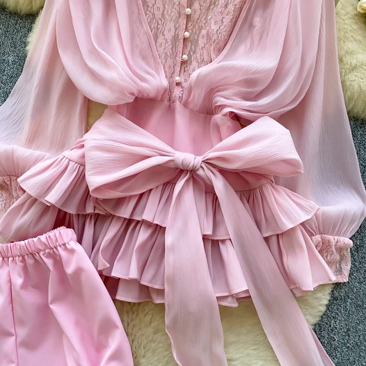 Lace Chiffon Mini Dress With Ruffles and Shorts for Women