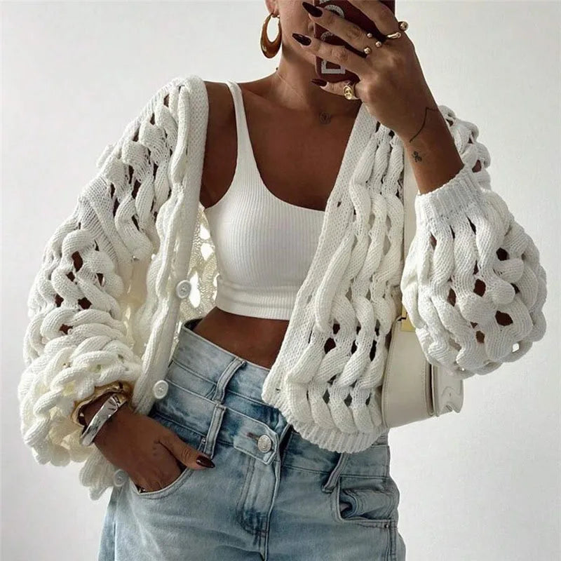 Fashion V Neck Single Breasted Crochet Jacket Woman Sexy Hollow Out Long Sleeve Knitted Sweater Casual Pure Soft Cardigan Jumper