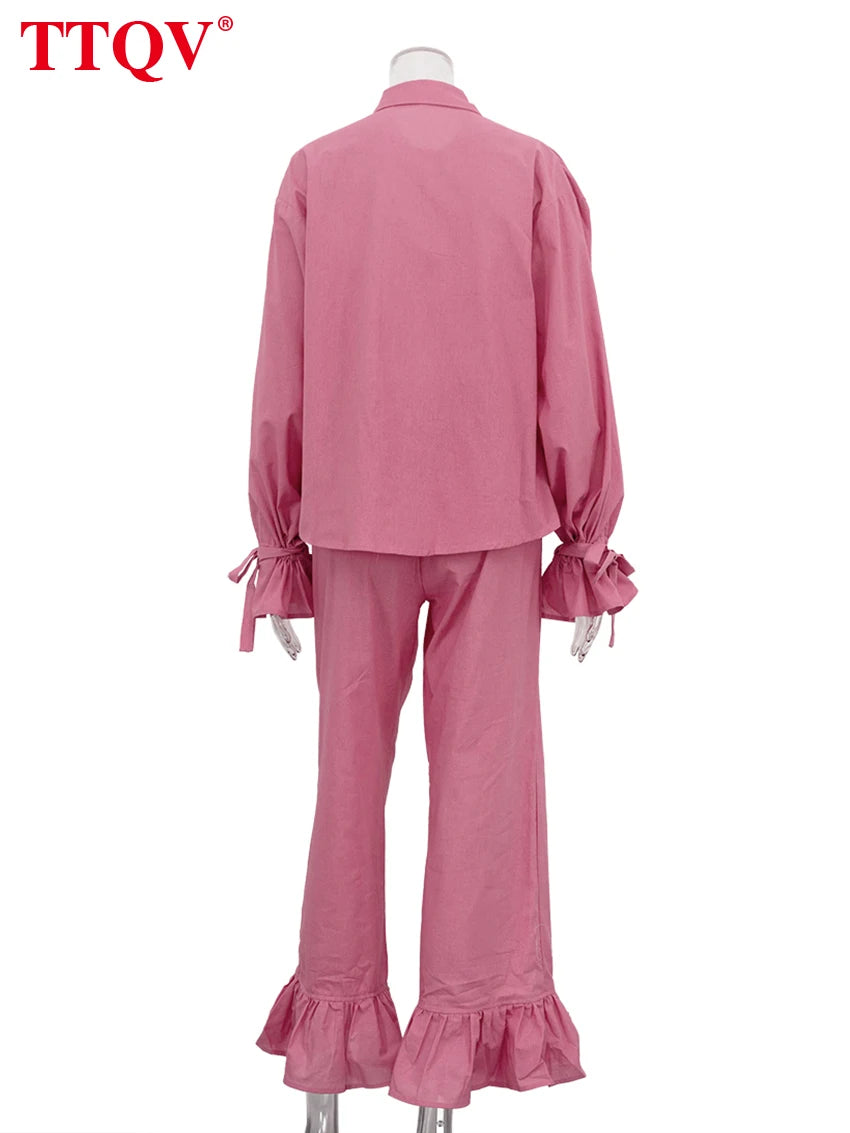Loose Pink Cotton Shirt and Wide Leg Pants Set for Women