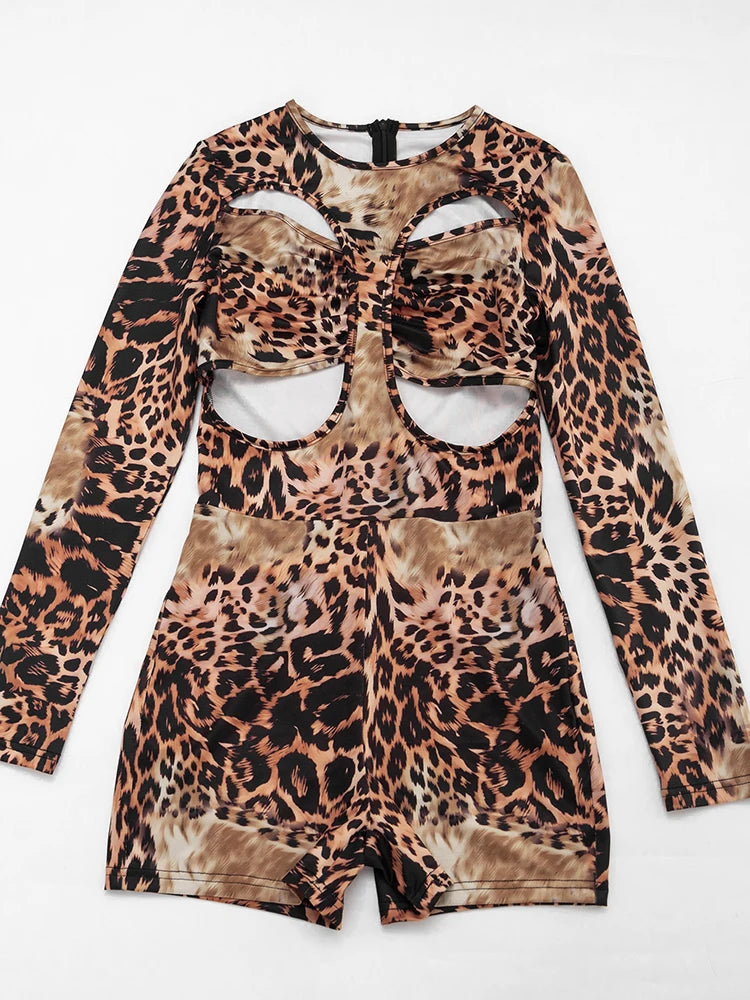 Leopard Print Hollow Out Two Piece Playsuit for Women