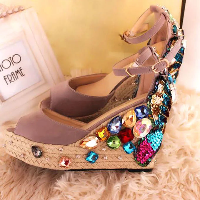 Butterfly Rhinestone Embellished Rope Braided Wedge Sandals Peep Toe for Women