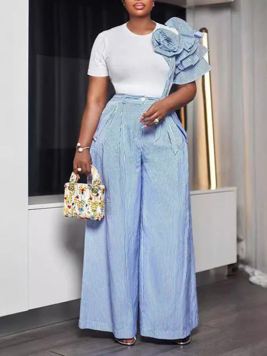 CM.YAYA Street Women's Set Short Sleeve T-shirt and Striped Floral Splicing Romper Wide Leg Pants Elegant Two 2-Piece Set Outfit