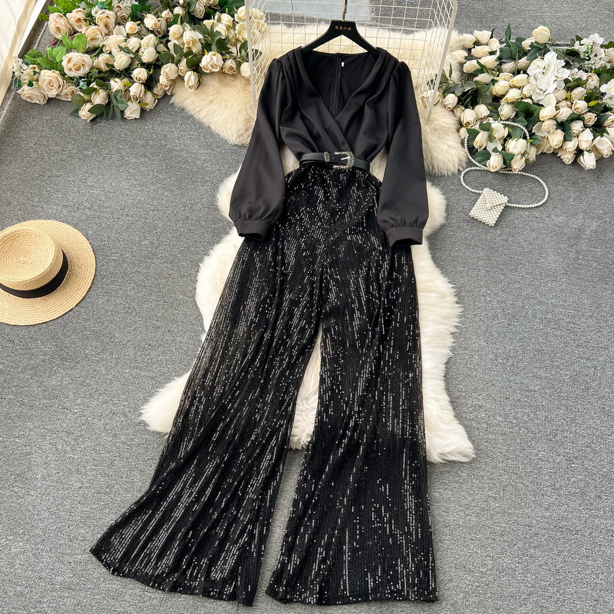 Sequined Patchwork V Neck Wide Leg Jumpsuit for Women